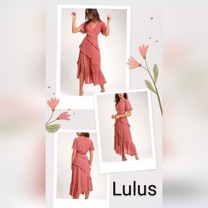 Lulus, NWOT, Next To You Dusty Rose Swiss Dot Midi Dress, Size Large